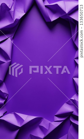 Crumpled purple fabric frame on solid background with empty center. Abstract textile border with copy space for design. 133650713