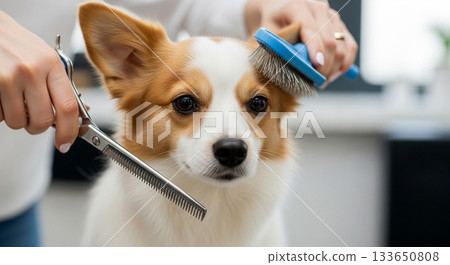 Close-up of a cute dog being groomed with scissors and brush in a modern pet salon Close-up of a cute dog being groomed with scissors and brush in a modern pet salon 133650808