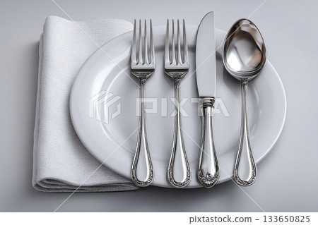 Minimalist design. Full silverware set. Including soup spoon, dinner fork, knife, dessert fork and teaspoon, perfectly arranged on a white background. Formal dining setting. 133650825