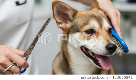 Close-up of a cute dog being groomed with scissors and brush in a modern pet salon 133650841