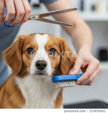 Close-up of a cute dog being groomed with scissors and brush in a modern pet salon Close-up of a cute dog being groomed with scissors and brush in a modern pet salon 133650842