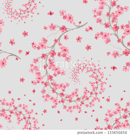 Seamless pattern of spiral shaped sakura branches on a grey background. Watercolor handmade illustration. For fabric, wallpaper, greeting cards, design, decoration and illustration. Seamless pattern of spiral shaped sakura branches on a grey background. Watercolor handmade illustration. For fabric, wallpaper, greeting cards, design, decoration and illustration. 133650858