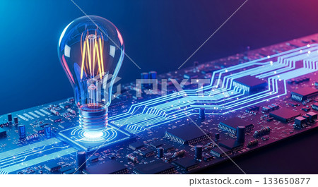 Modern LED bulb connected to electric circuit with glowing lines symbolizing energy flow 133650877