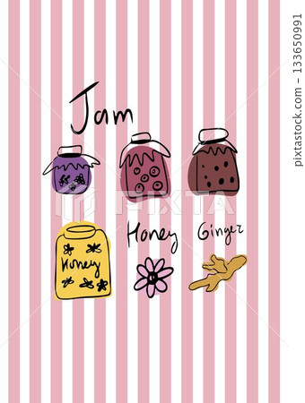 A beautiful, striped poster card for the kitchen or cafe with jars of jam, honey and ginger. Pink stripes, doodle style. 133650991