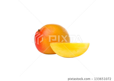 Ripe mango fruit alongside a juicy yellow slice, isolated on white, PNG 133651072