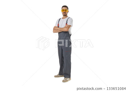 Worker with crossed arms in safety glasses, isolated on white, PNG 133651084