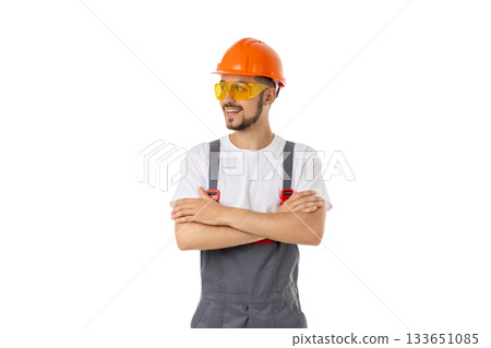 Man in safety helmet and glasses poses confidently, isolated, PNG 133651085