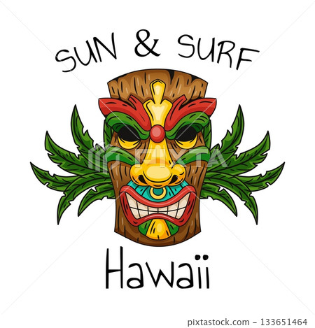 Sun and surf. Hawaii traditional idol mask. logotype, print and poster design. Colorful wooden statue face. Exotic tropical summer symbol. ritual head sign. Vector cartoon flat isolated illustration 133651464