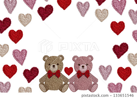[Friendly teddy bears and heart frame] Hand-embroidered illustration material 133651546