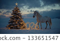 White Horse with Christmas Tree and numbers 2026 in the evening 133651547