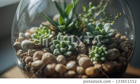 Close-up of DIY Succulent Terrarium with Decorative Stones Close-up of DIY Succulent Terrarium with Decorative Stones 133651552