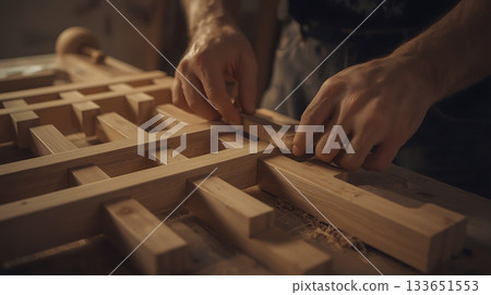 Close-up of Skilled Hands Assembling Wooden Furniture in Workshop Close-up of Skilled Hands Assembling Wooden Furniture in Workshop 133651553
