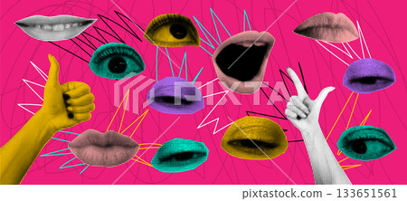 Y2K gossip. Vintage halftone art. Retro face collage. Abstract texture for poster. Speaking mouth. Peeking eye. Doodle sticker. Hand gesture. Graphic smile element. Vector social media garish design 133651561
