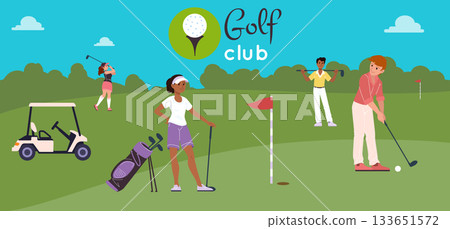 Golf background. Golfer characters playing on field. Athletes hitting clubs. Ball and hole flag at playground lawn grass. Cartoon sportsmen outdoors. Sport festival. Golfing tournament vector banner Golf background. Golfer characters playing on field. Athletes hitting clubs. Ball and hole flag at playground lawn grass. Cartoon sportsmen outdoors. Sport festival. Golfing tournament vector banner 133651572