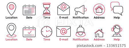 Icons UI. Date and time clock symbols. Business logo design. Sign for UI. Business schedule. Calendar label. Location map GPS pin. Notification megaphone. Interface menu office. Vector elements set 133651575