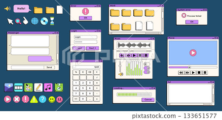Retro computer interface. Vintage desktop icons. File folders. Chat windows. Login form. Welcome screen. Message dialog. Error notification. Web UI layout. OS menu buttons. Vector old elements set Retro computer interface. Vintage desktop icons. File folders. Chat windows. Login form. Welcome screen. Message dialog. Error notification. Web UI layout. OS menu buttons. Vector old elements set 133651577