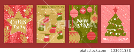 Gold border New Year. December frame. Festive Christmas card ornament. Geometric typography holiday banner, snowflake and fir tree in minimal style poster set. Vector greeting card garish template Gold border New Year. December frame. Festive Christmas card ornament. Geometric typography holiday banner, snowflake and fir tree in minimal style poster set. Vector greeting card garish template 133651588
