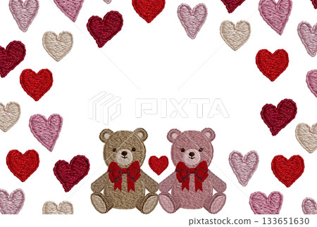 [Friendly teddy bears and heart frame] Hand-embroidered illustration material 133651630