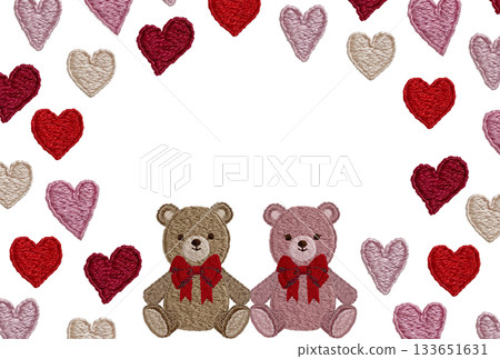 [Friendly teddy bears and heart frame] Hand-embroidered illustration material 133651631