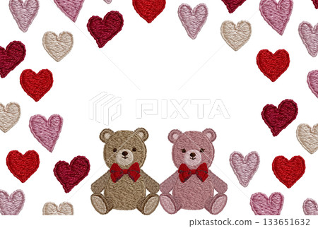 [Friendly teddy bears and heart frame] Hand-embroidered illustration material 133651632