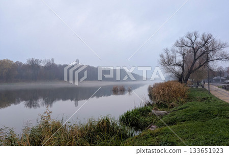 A river in fog and reeds on a cloudy autumn day A river in fog and reeds on a cloudy autumn day 133651923