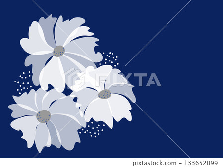 Large white flowers on dark blue background. Fantasy floral pattern. Greeting card design of spring flower. Monochrome blue decor without text Large white flowers on dark blue background. Fantasy floral pattern. Greeting card design of spring flower. Monochrome blue decor without text 133652099