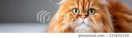 Charming Persian Cat Portrait with Striking Eyes on a Grey Background, Fluffy and Adorable. Charming Persian Cat Portrait with Striking Eyes on a Grey Background, Fluffy and Adorable. 133652139