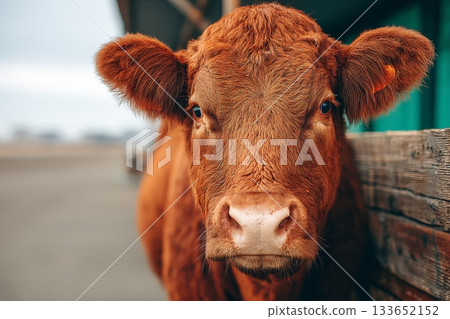 A Tranquil Red Devon Cow Gracefully Poses Near a Rustic Barn Surrounded by Scenic Nature Beauty A Tranquil Red Devon Cow Gracefully Poses Near a Rustic Barn Surrounded by Scenic Nature Beauty 133652152