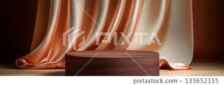 Stylish Wooden Podium with Flowing Silk, Perfect for Product Presentations and Background Displays Stylish Wooden Podium with Flowing Silk, Perfect for Product Presentations and Background Displays 133652155