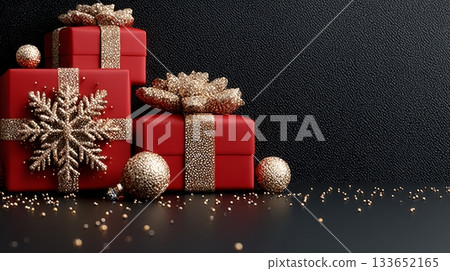 Festive Christmas Display with Red Gift Boxes, Golden Bows, and Glittering Ornaments on Dark Surface Festive Christmas Display with Red Gift Boxes, Golden Bows, and Glittering Ornaments on Dark Surface 133652165