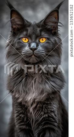 Close-up of a Maine Coon cat with captivating eyes and fluffy coat on a cool gray background 133652182