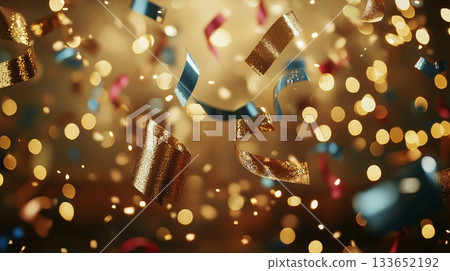 Vibrant Celebration with Colorful Confetti and Ribbons Falling During Festive Midnight Events Vibrant Celebration with Colorful Confetti and Ribbons Falling During Festive Midnight Events 133652192
