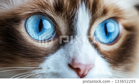 Stunning Ragdoll Cat Portrait Featuring Adorable Face and Striking Blue Eyes on Bright Background. 133652205