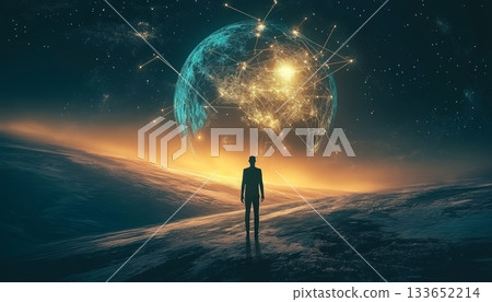 Man Gazes at Earth Exploring Global Connections, Communication, Innovation, and Future Cities Man Gazes at Earth Exploring Global Connections, Communication, Innovation, and Future Cities 133652214