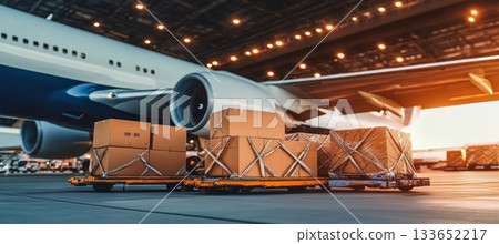 Logistics Freight Import Containers Being Loaded into Airplane Cargo at Busy Airport Terminal 133652217