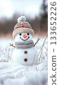 Charming snowman dressed warmly, greeting winter with a peaceful snowy scenery for Christmas joy. 133652226