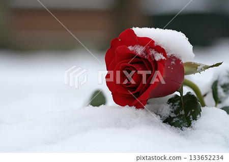 Elegant Crimson Rose Against a Soft Winter Background, Evoking Romance and Seasonal Beauty 133652234