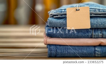 Neatly Folded Denim Clothing Stack with Versatile Label Card for Price or Details on Wooden Surface Neatly Folded Denim Clothing Stack with Versatile Label Card for Price or Details on Wooden Surface 133652275