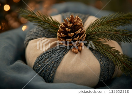 Eco-Friendly Christmas Gift Wrapped in Cloth, Decorated with Pinecone and Sprigs for the Holidays Eco-Friendly Christmas Gift Wrapped in Cloth, Decorated with Pinecone and Sprigs for the Holidays 133652318