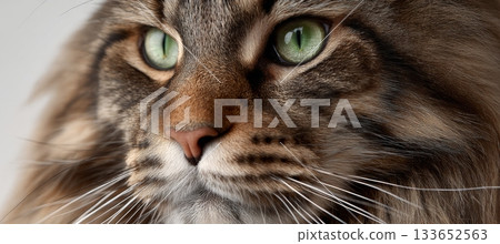 Charming Maine Coon Kitten with Striking Green Eyes Posing Elegantly in a Cozy, Sunlit Room Charming Maine Coon Kitten with Striking Green Eyes Posing Elegantly in a Cozy, Sunlit Room 133652563