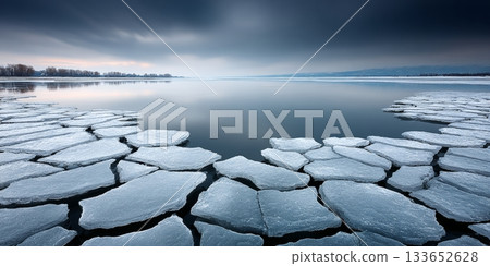 Icy Expanse with Cracked Ice Texture on Cool Water, Frosty Light Reflecting on Mountains 133652628