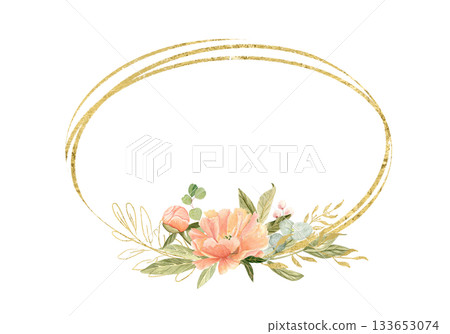 Peony flowers, peach tones, green leaves, berries watercolor frame isolated on white. Hand-painted golden detail, perfect for wedding invitations, branding, packaging, fabric design, cards. Horizontal Peony flowers, peach tones, green leaves, berries watercolor frame isolated on white. Hand-painted golden detail, perfect for wedding invitations, branding, packaging, fabric design, cards. Horizontal 133653074