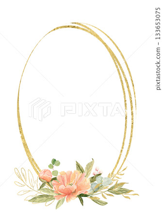 Peony flowers in peach tones, green leaves, berries watercolor frame isolated on white. Hand-painted with golden detail, perfect for wedding invitations, branding, packaging, fabric design, cards 133653075