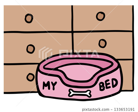 Hand drawn illustration of dog bed and drawers for pet shop, vet, animal, puppy, house, home tour, room design, department store, paw friend, sticker, building, architecture, foster, interior, icon 133653191