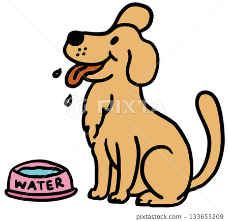 Cute hand drawn illustration of puppy sitting with water bowl for decoration, dog cartoon, characters, comic, pet shop, vet, adopt and rescue animal, foster home, shelter, house, park, yard, playtime 133653209