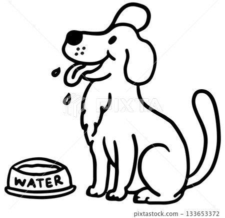 Cute hand drawn outline of puppy sitting with water bowl for decoration, dog cartoon, characters, comic, pet shop, vet, rescue animal, foster home, shelter, house, park, yard, playtime, colouring book Cute hand drawn outline of puppy sitting with water bowl for decoration, dog cartoon, characters, comic, pet shop, vet, rescue animal, foster home, shelter, house, park, yard, playtime, colouring book 133653372