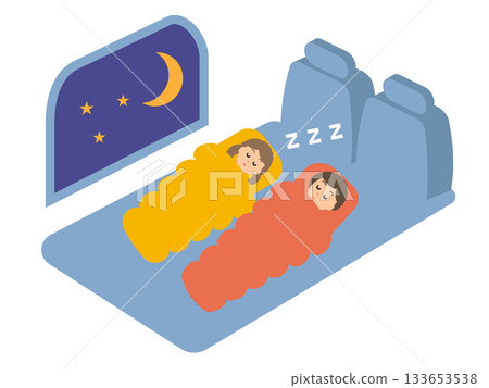 A vector illustration of a parent and child sleeping in a car in a sleeping bag for purposes such as evacuation, saving money, or camping. 133653538