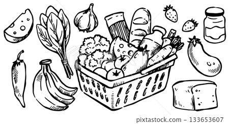 supermarket basket with groceries. vector illustration in sketch style. shopping supermarket basket with groceries. vector illustration in sketch style. shopping 133653607