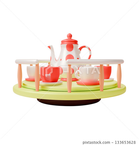 3d Colorful Tea Cup Spin Children Carousel Amusement Park Concept Cartoon Design Style. Vector illustration of Family Entertainment 133653628