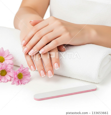 Elegant female hands with a classic French manicure resting on a white towel in a beauty salon. 133653661